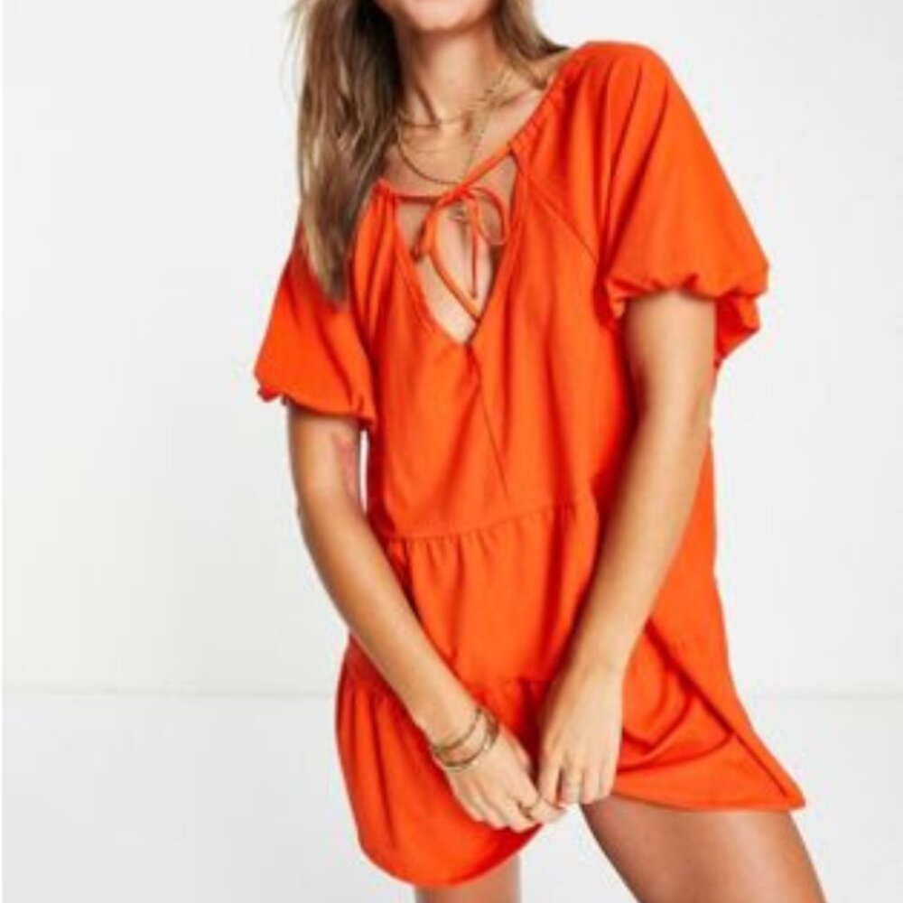 ASOS DESIGN short sleeve tiered smock mini dress in bright orange